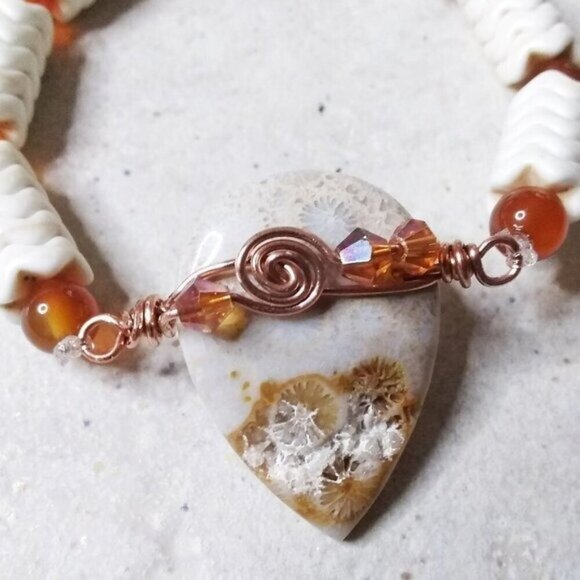 Rustic!!! Wire Wrapped Fossilized Coral Rock Teardrop Focal + Orange Agate Beads - Picture 7 of 12
